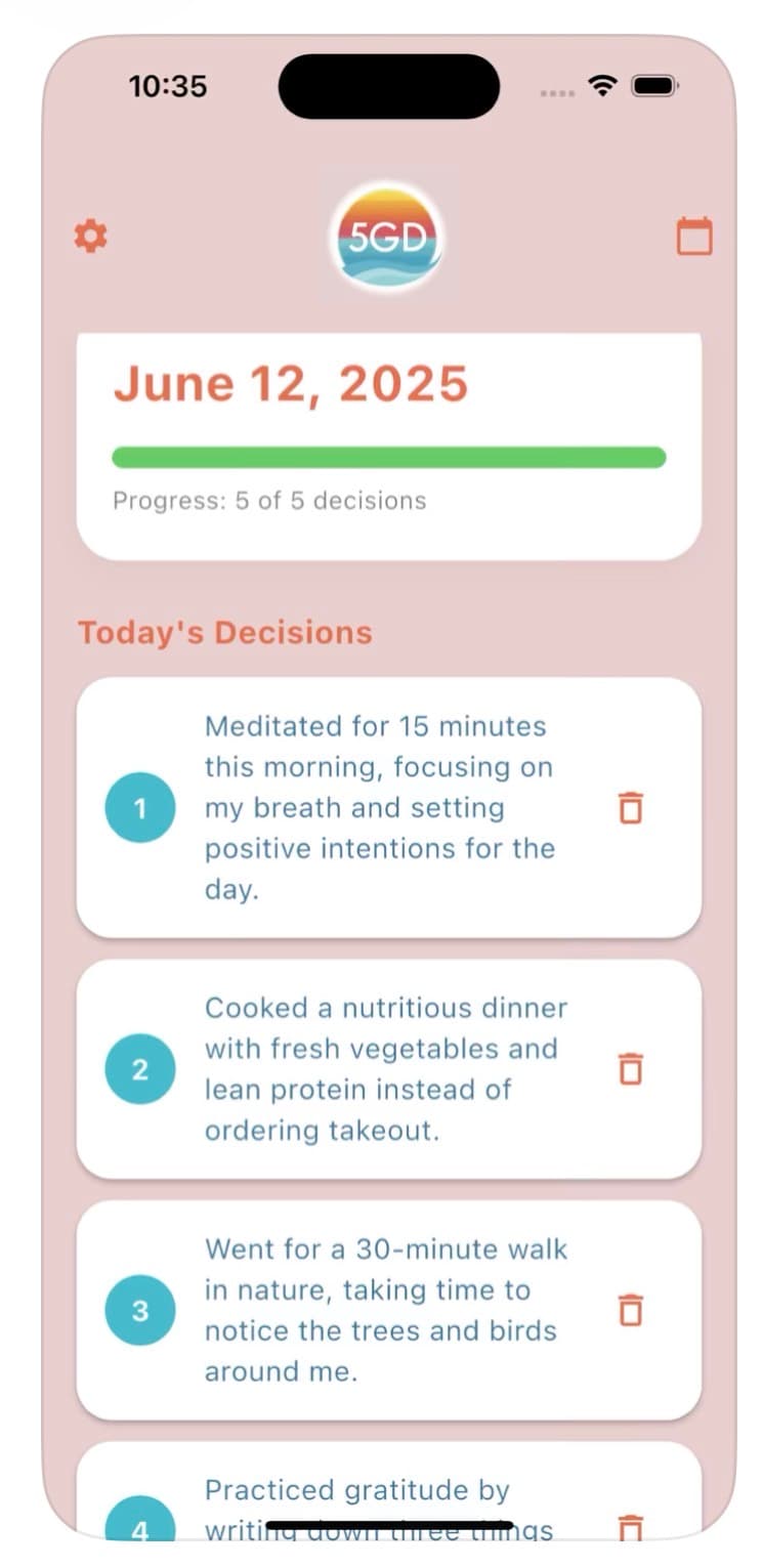 Five Great Decisions app showing today's decisions